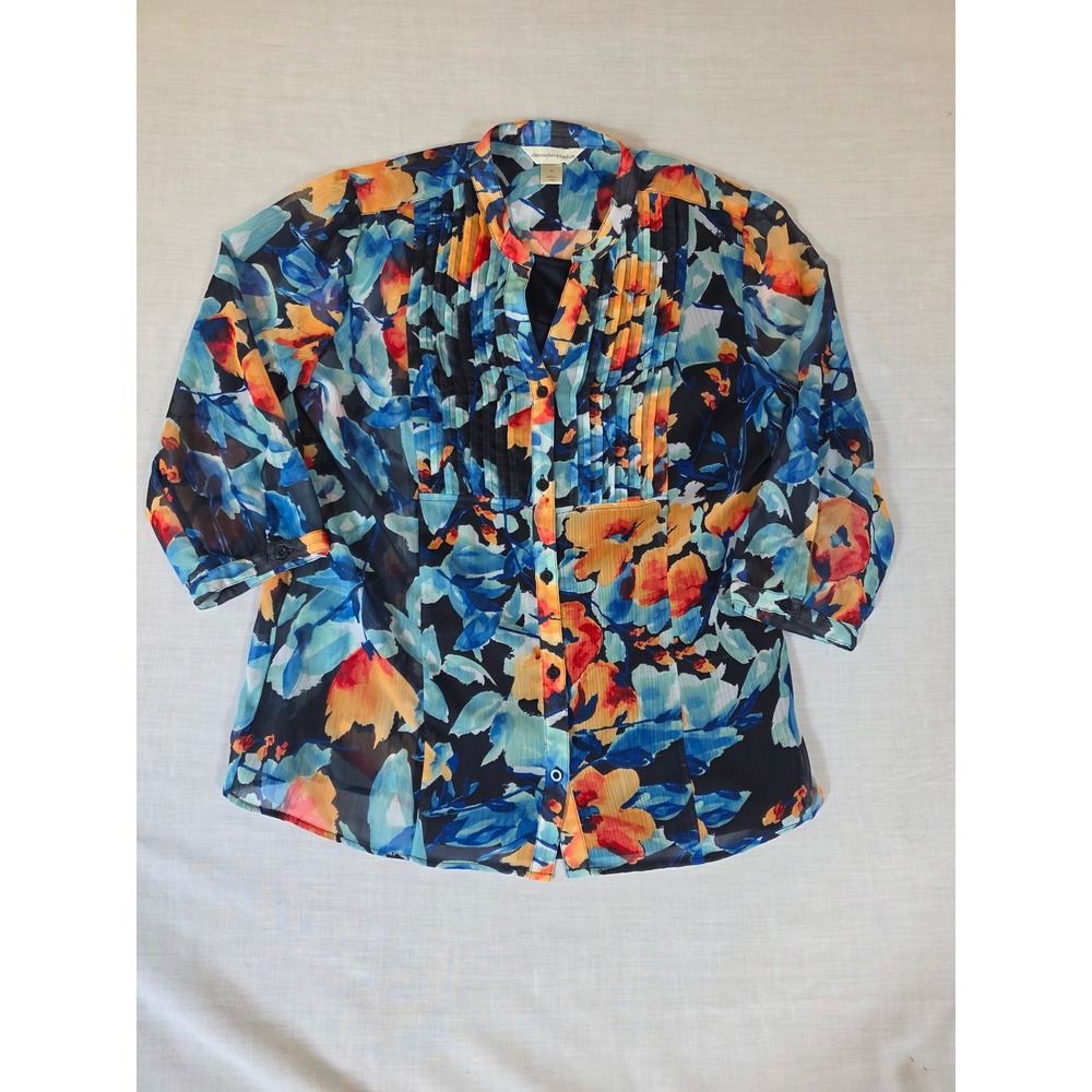 Christopher & Banks Floral Sheer Blouse Pleated Bib 3/4 Sleeve Medium Watercolor